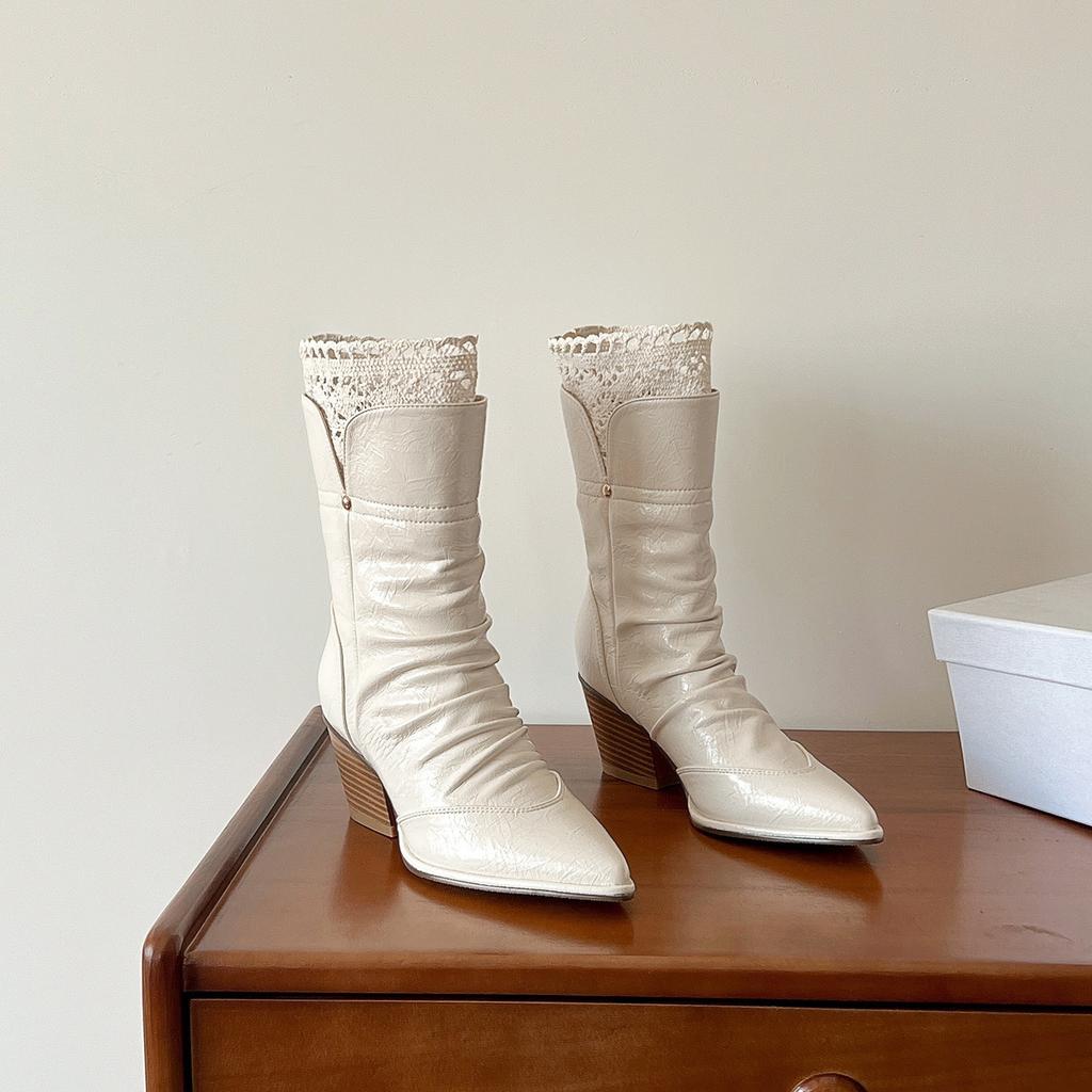 Vintage pointed Maillard thick-soled thick-heeled heightened medium boots temperament lace edge versatile pleated stacked knight boots