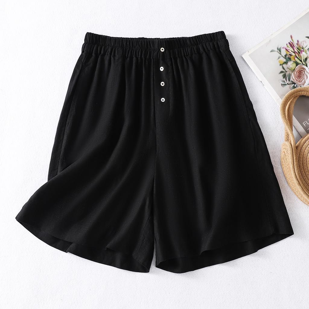 Literary and retro solid color elastic waist versatile casual shorts for women's 2025 summer new age-reducing and thin three-point wide-leg pants