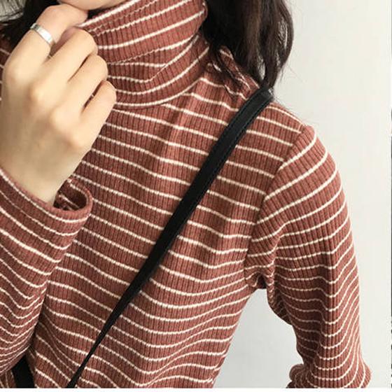 High-neck Bottoming Shirt Women Loose Wild Black and White Striped Long-sleeved T-shirt