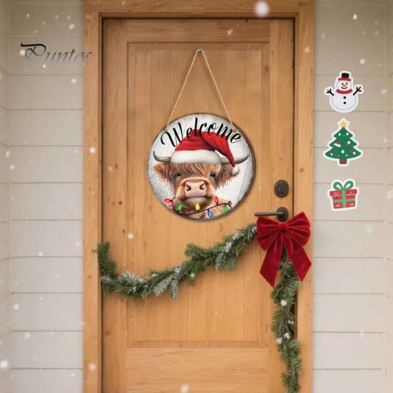 Rustic Christmas Wall Decor Wooden Round Hanging Sign, Santa Claus Highland Cow Winter Theme Farmhouse Ornament Door Decor, Holiday Welcome for Indoor