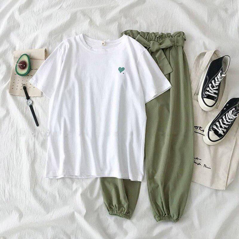 

Женская летняя свободная футболка с простым принтом + повседневное тонкое тело, однотонные брюки Harlan, костюм из двух частей