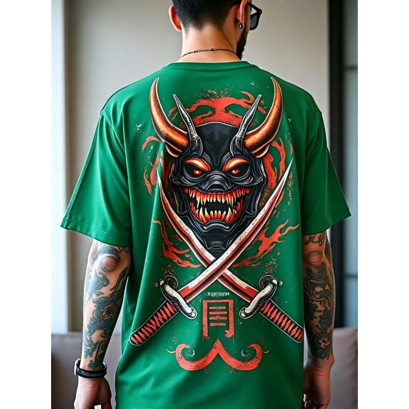 American men's summer ghost mask samurai sword print comfortable and breathable round neck T-shirt outdoor street top