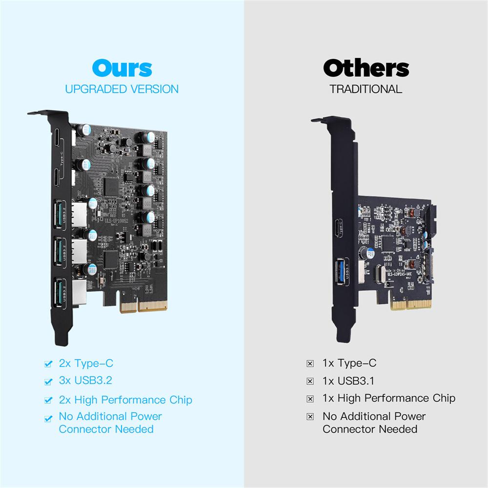 1pc PCIe Slot to USB 3.2 Gen 2 Expansion Card 10 Gbps 3 Type A & 2 Type C Ports