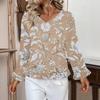 Women's Casual Fashion Ruffled V-Neck Pocket Floral Print Long Sleeve Top