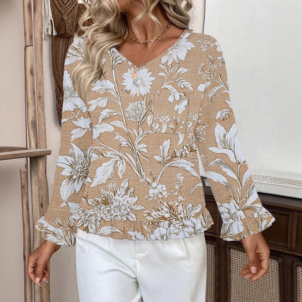 Women's Casual Fashion Ruffled V-Neck Pocket Floral Print Long Sleeve Top