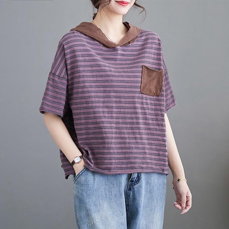 

Hooded Color Blocked Striped Short Sleeved T-shirt Pullover Top For Women XL