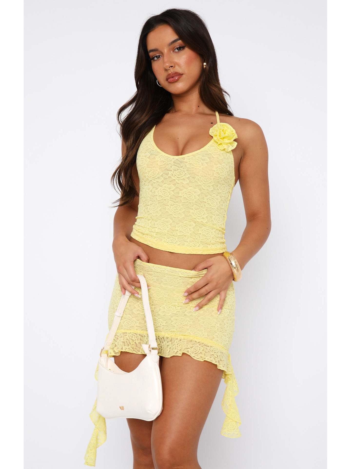 

European-American Lace Splicing Backless Slim Dress with Long Skirt Small жовтий
