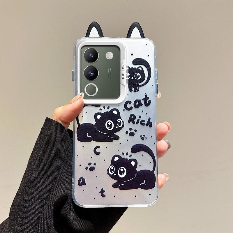 KEYSION Cute Ear Cartoon Case for VIVO V29e 5G with Lanyard Soft Silicone+PC Shockproof Phone Back Cover for VIVO V29e