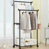 Movable Double Rod Clothes Rack with Wheels Heavy Duty Coat Shelf Bedroom Floor Hangers Organizer Home Shoe Hat Storage Racks
