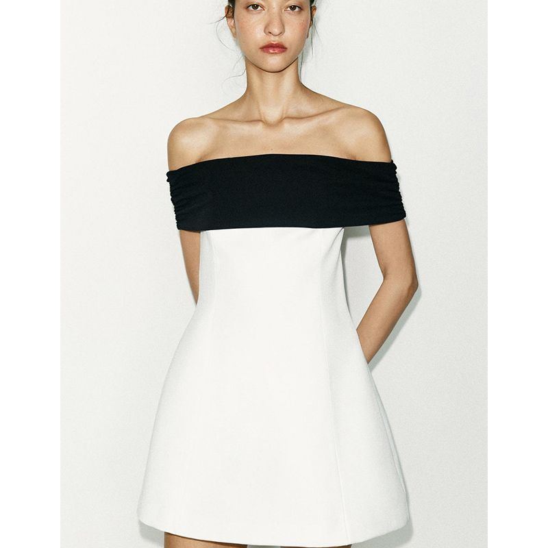 Summer New Women Clothes off-the-Shoulder Straight Tie Lining Contrast Color Patchwork Short Tube Top Dress 2663777