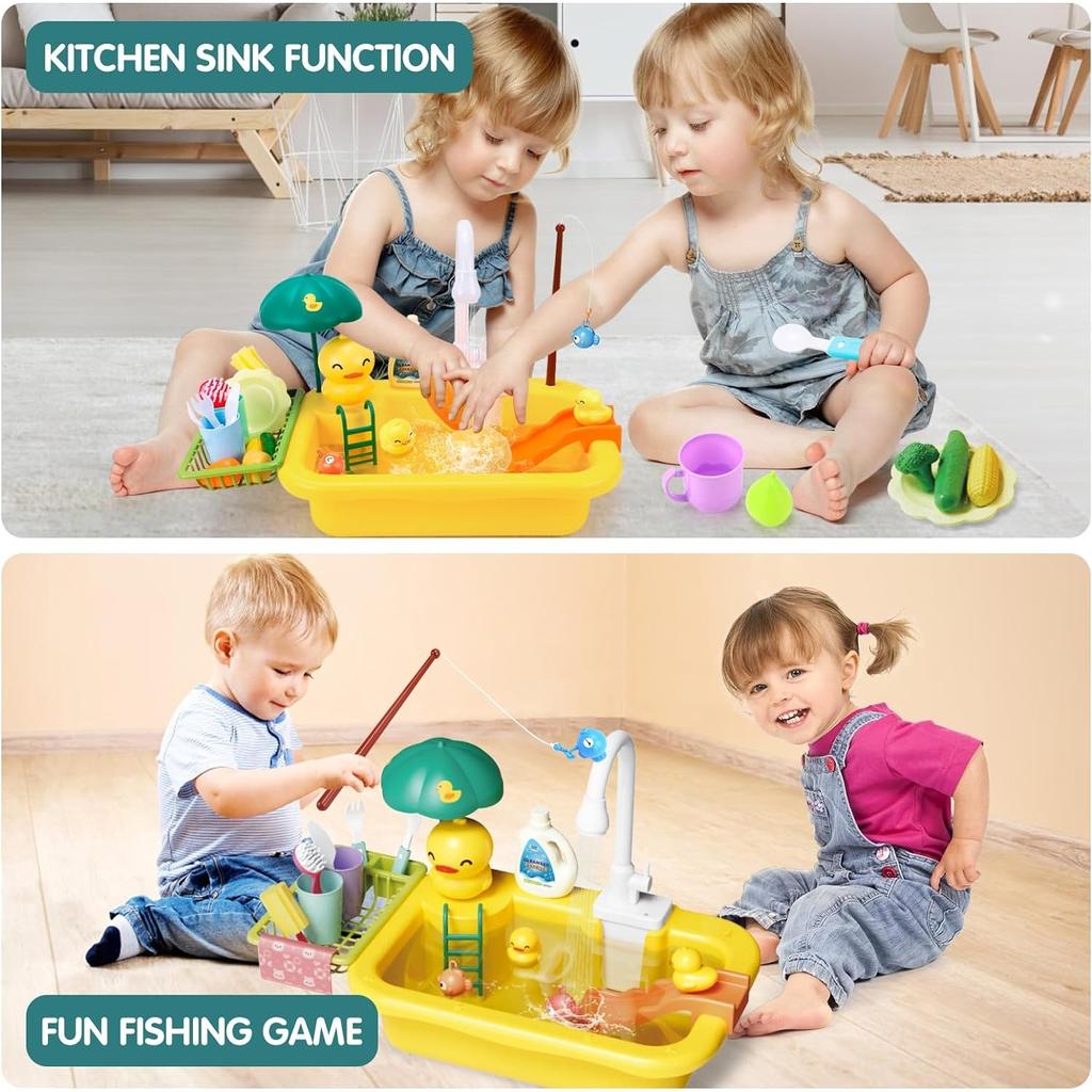Play Sink with Running Water Kitchen Sink Toys Electric Faucet Play Kitchen Toy Pool Floating Fishing Toys for Water Play