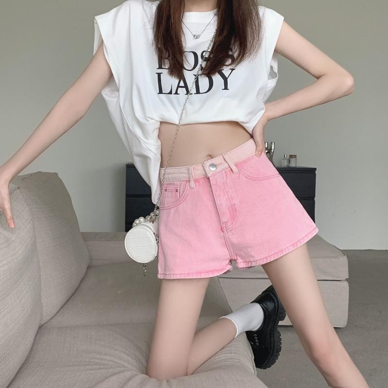

Women s New Button Zipper Pocket Fashionable Solid Color Design High Waist Wide-leg A-line Hot Girl Denim Shorts S рожевий