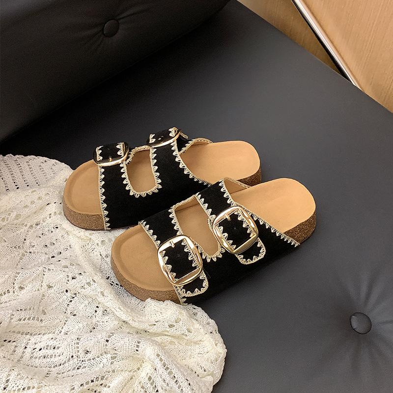 

Версия из коровьей кожи~ толстая подошва, увеличивающая рост, прошивка, ретро-пряжка на ремне, верхняя одежда, крутые шлепанцы на один палец, женские пляжные шлепанцы 40