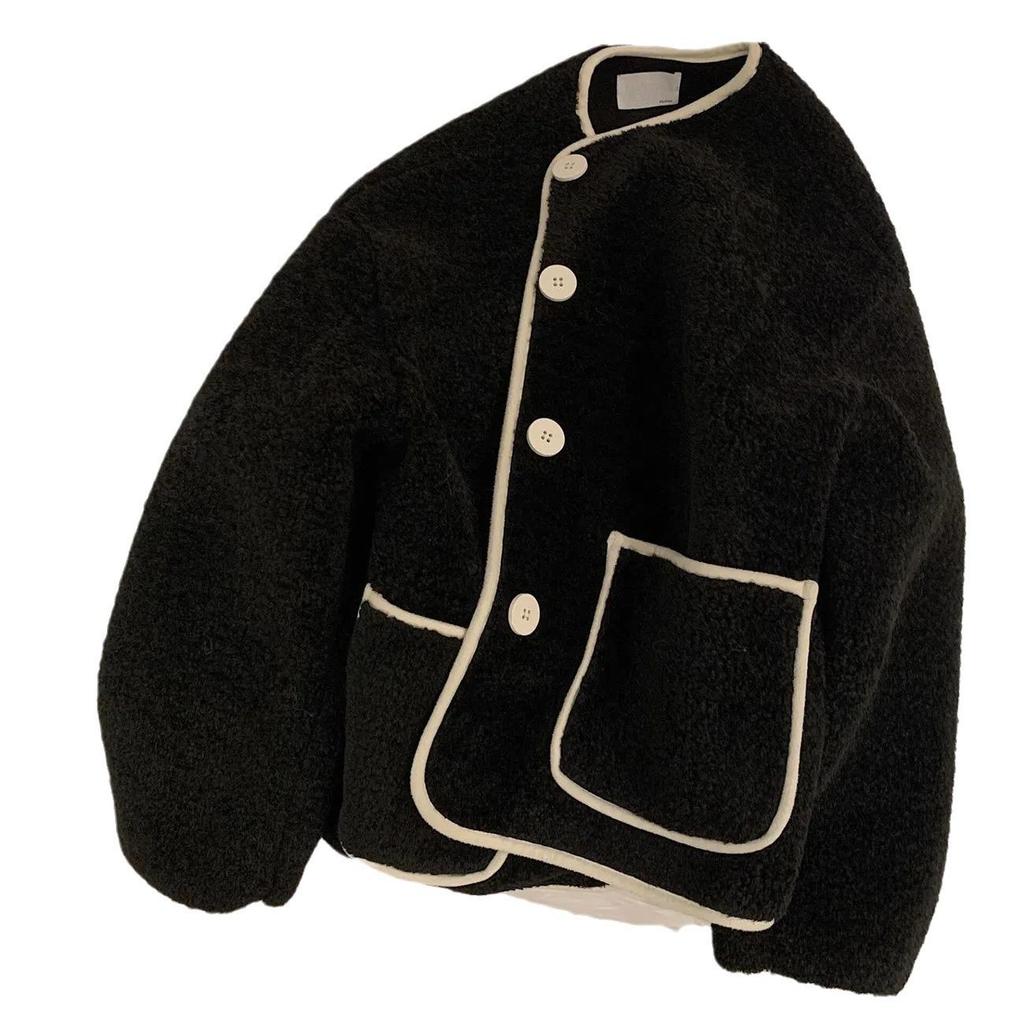 Women's Korean Style Lambswool Color Block Coat: Loose Fit, Contrast Stitching, Round Neck, Button Cardigan with Pockets, Long Sleeves.