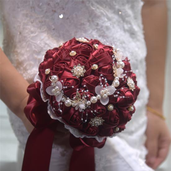 Lightweight Handheld Wedding Flowers Artificial Silk Rose Bridal Bouquet with Chiffon Ribbon, Toss for Ceremony, Vintage Style Floral Keepsake