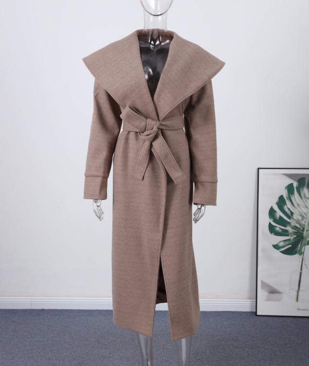 European Style Women's Woolen Coat with Belted Waist and Lapel