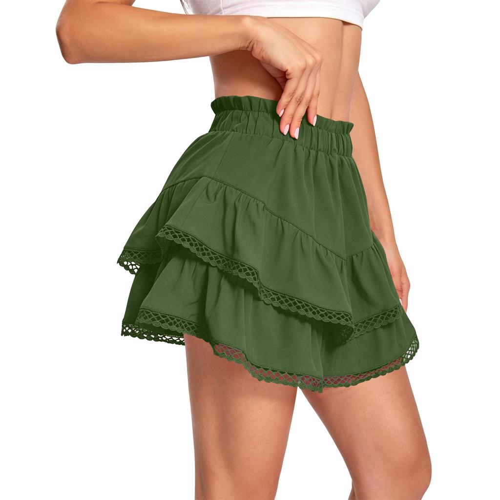 Women’s High Waist Pleated Multilayer Mini Skirt Casual Elastic Waistband Ruffled Tiered Skirt with Lace Trim for Daily Wear