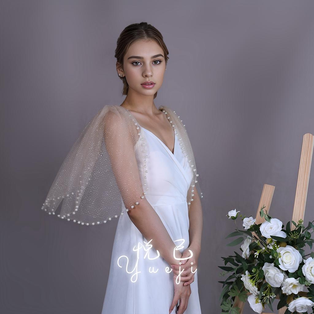 Detachable Glitter Tulle Puff Short Sleeve Cuffs, Mixed Size Pearl Beaded Sheer Arm Covers for Wedding Bridal Evening Dress