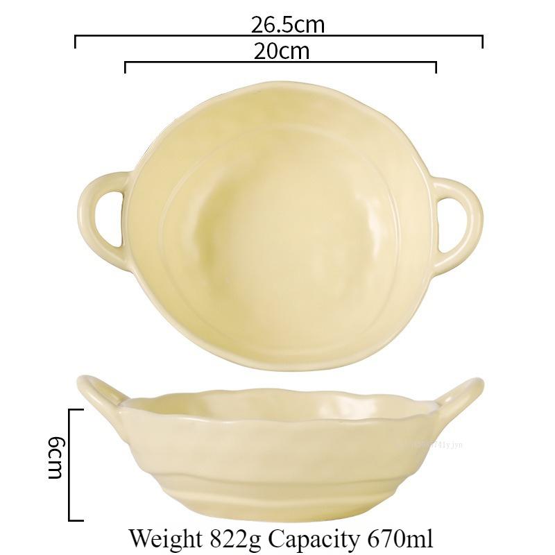 Ceramic Salad Bowl with Handle Binaural Bowl Irregular Ceramic Kitchen Soup Noodles Dessert Salad Bowl Heat-resistant Design 1PC