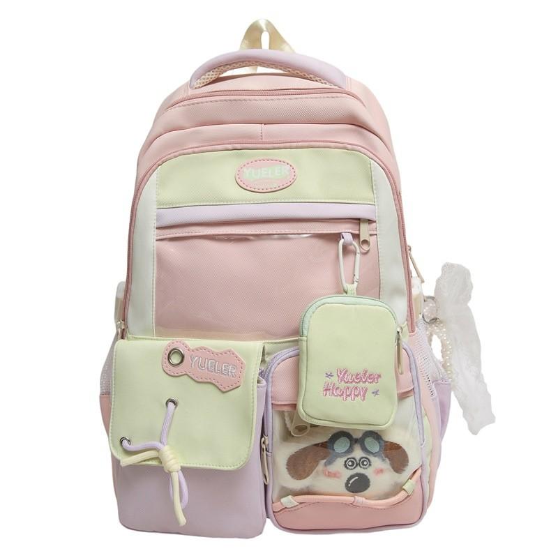 Blocked Color Sweet Letter Patter Student Backpack With Transparent Compartment