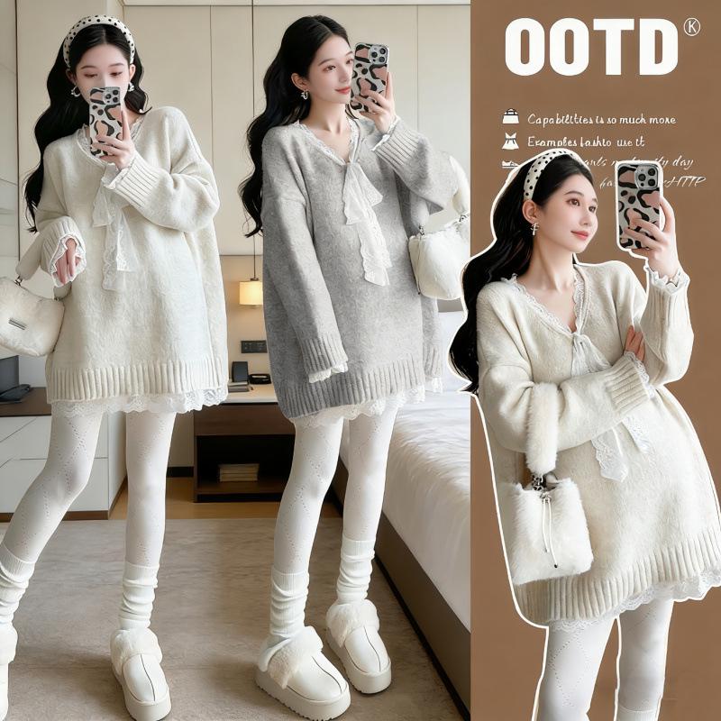 2026 Autumn/Winter Long-Sleeve Lace Bow Patchwork Maternity Cardigan Sweater 2XL абрикосовый