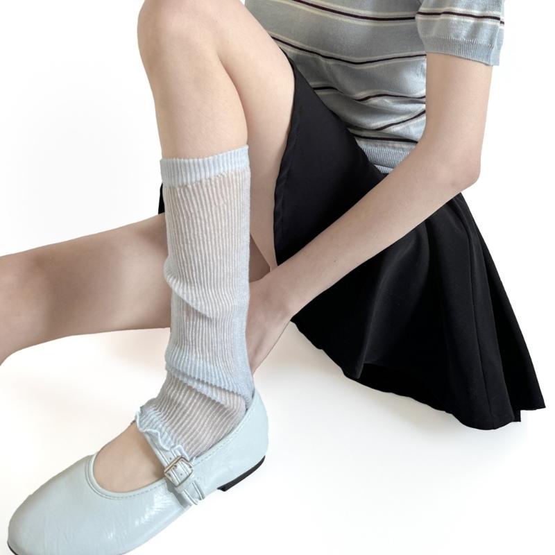 Womens Ruffled Trimmed Knee Length Socks Soft Acrylic Fabric Ribbed Knitted Thin Sheer Leg Warmers Covers For Daily Outfits