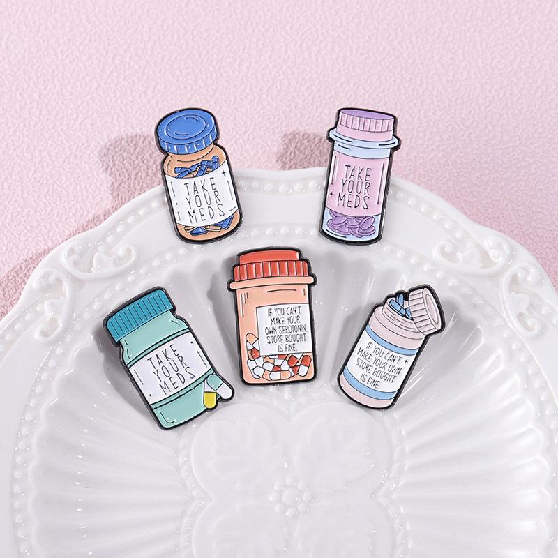 Fashionable Brooch Letter With Vibrant Cartoon Pill Bottle Design Ideal For Accessories Trendy