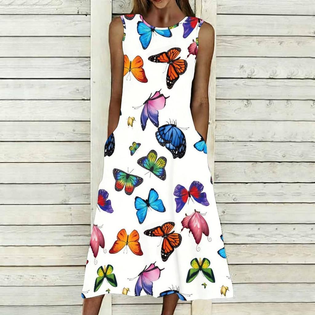 Plus Size Sleeveless Crew Neck Dress Fresh Wild Blossom Print Flowy Knee Length Outfit