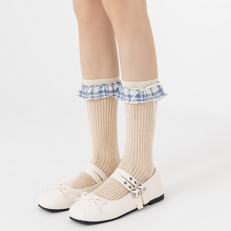 Female Spring Summer New Product Thin Model Check Bow Lace Boneless Cotton Socks