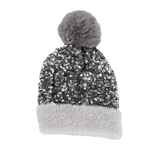 Women Knitting Hat Plush Ball Decor Shiny Sequins Decor Brimless Hat Winter Warm Furry Bucket Hat Headwear