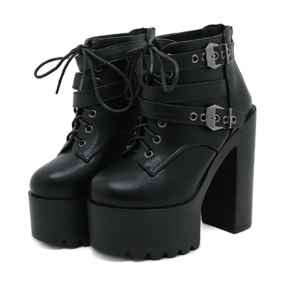 Fashion Gothic Boots Women's Solid Color High Heeled Buckle Strap Fashion Women Shoes Punk Style Thick Bottom Retro Lace-up Ankle Boots
