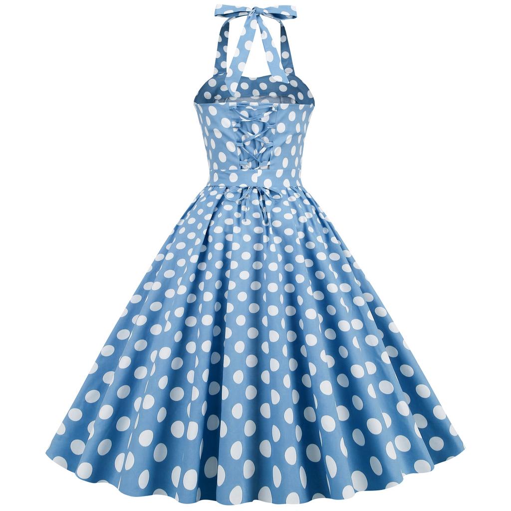Vintage blue polka-dot lace-up halter-neck flared ball gown – elegant performance dress for the annual party