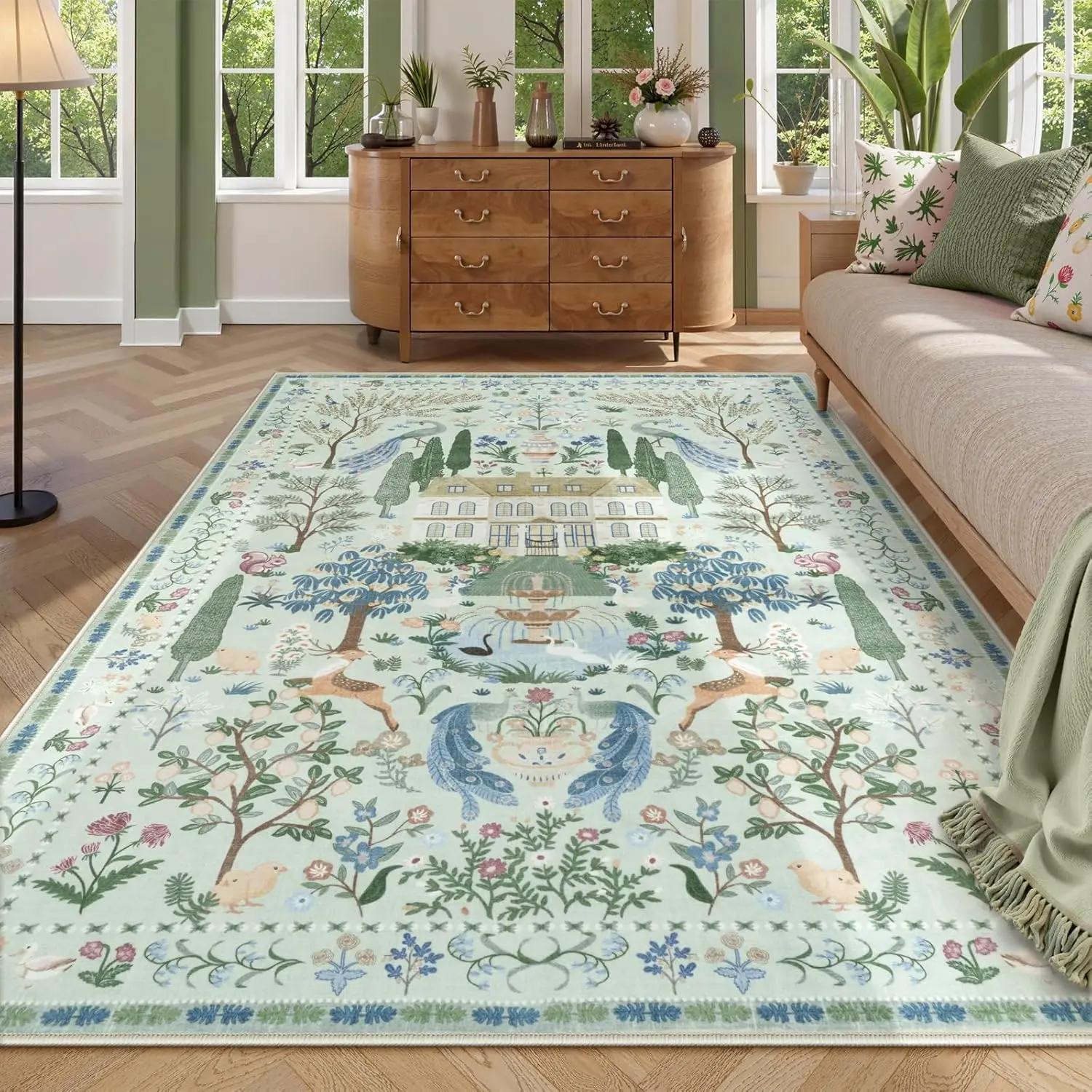 

Botanical Bird Print Rug Non Slip Stain Resistant Easy Care Nature Inspired Living Room Bedroom Carpet 60*90cm