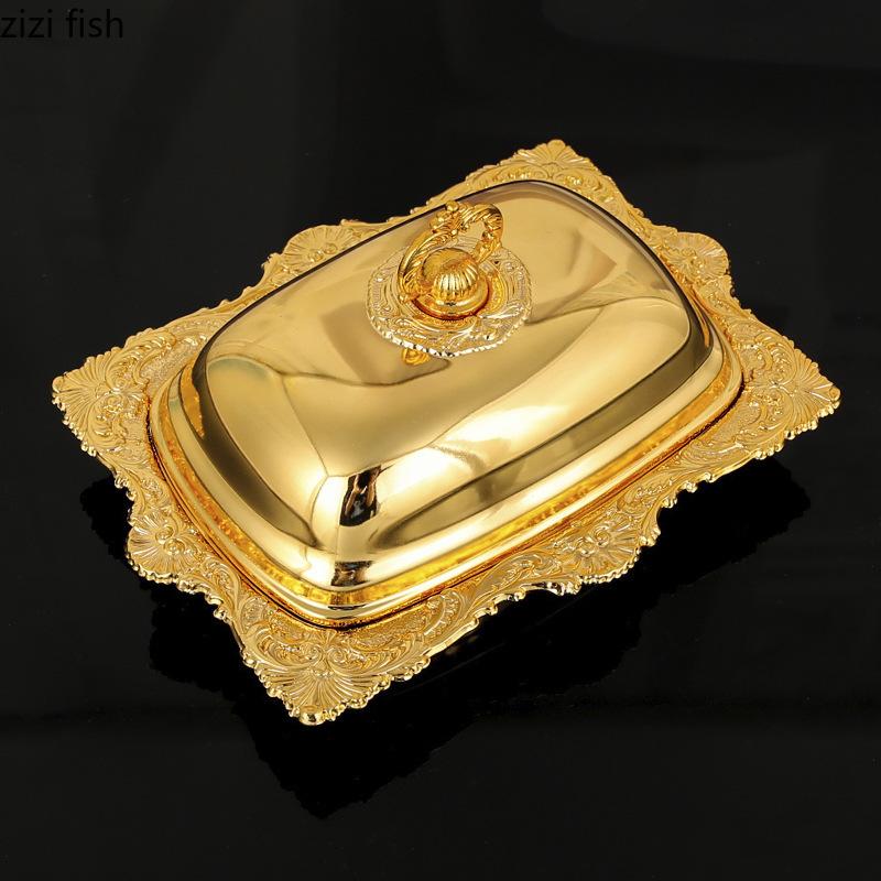 Golden Alloy Butter Box Glass Dessert Plate Butter Dish with Lid Fruit Plate Salad Bowl Cheese Dish Dim Sum Dishes Cake Tray