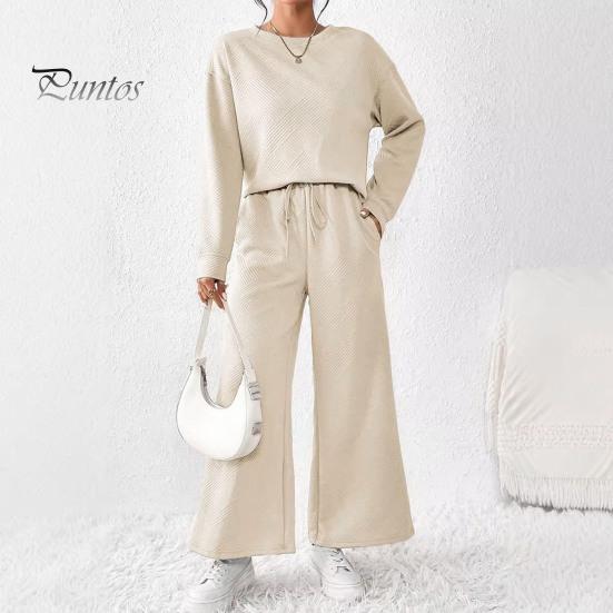 2 Pcs/Set Women Top Pants Suit Round Neck Long Sleeves Textured Solid Color Sweatshirt Elastic Waist Wide Leg Trousers Daily Wear Sport Outfit Fall