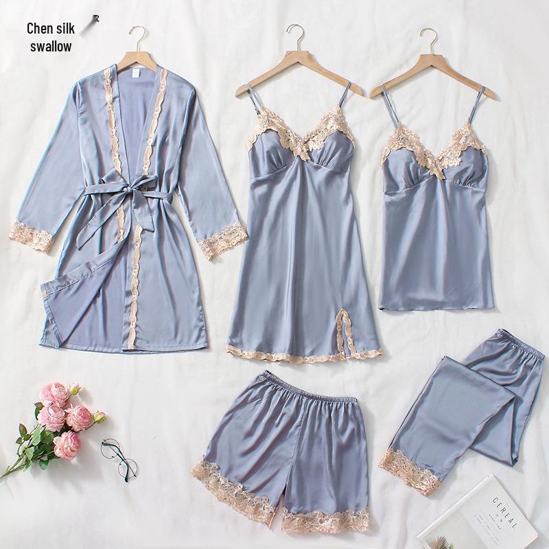 

Женский летний шелковый пижамный комплект: Комплект из 5 предметов: кофта с длинным рукавом, майка с кружевной отделкой, шорты и брюки L