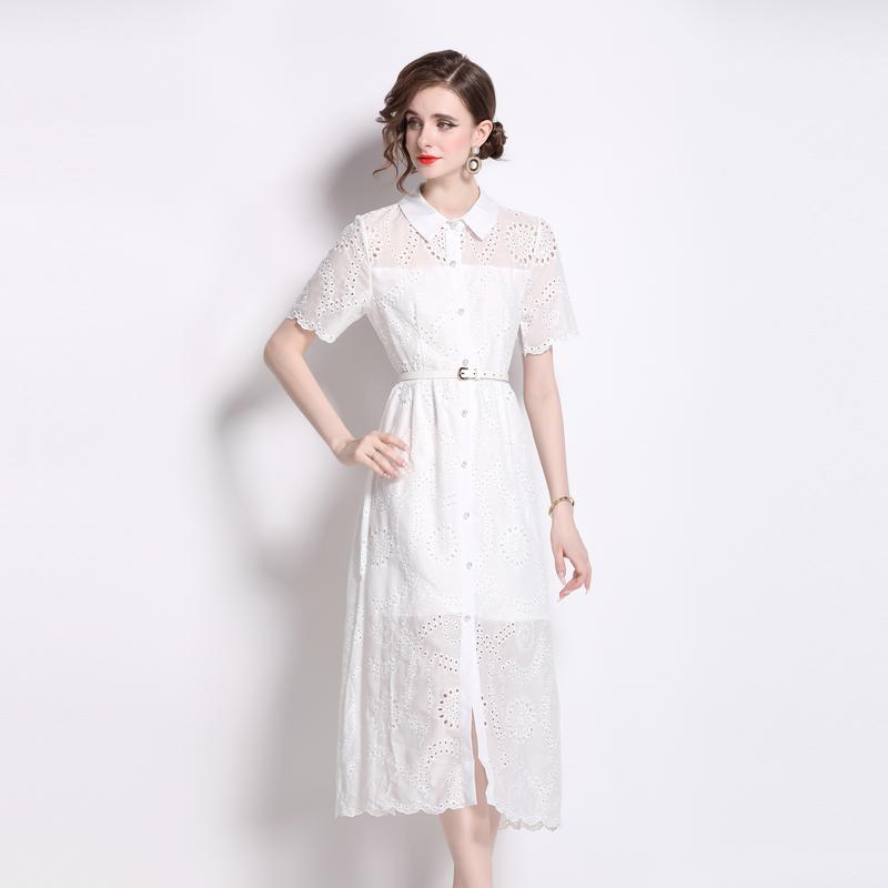 

Новое летнее однотонное хлопковое белое платье с вышивкой, женское повседневное платье-рубашка с короткими рукавами и лацканами, женские платья XL белый