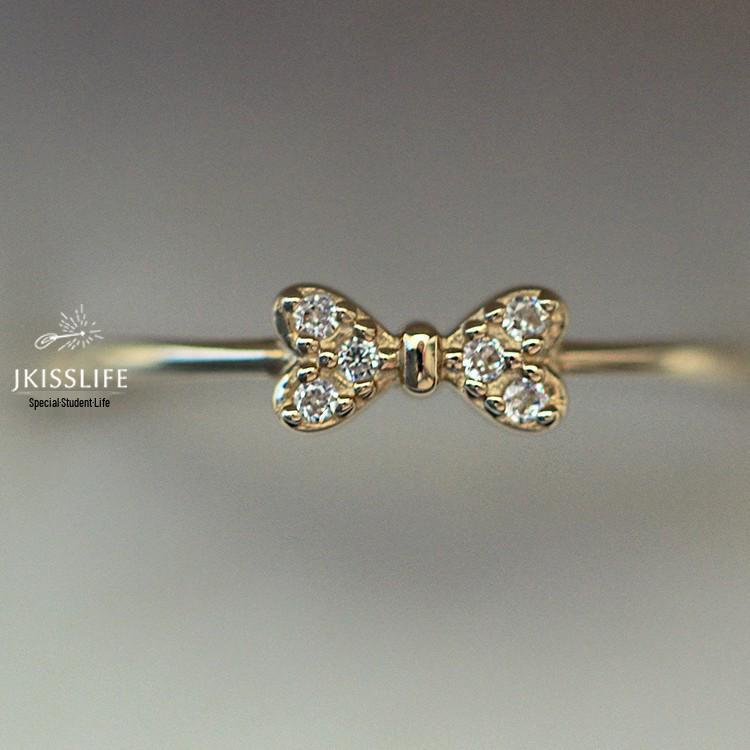 14K Gold-Plated S925 Sterling Silver Zircon Bow Knot Pinky Ring for Women