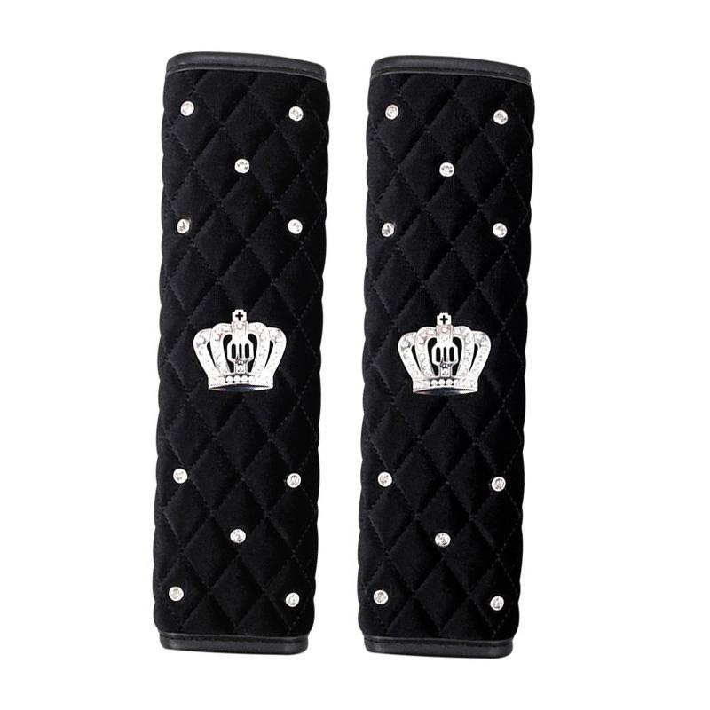 2pcs Bling Rhinestone Crown Black Pink Car Seat Belt Covers Crystal Plush Seatbelt Strap Styling Shoulder Pads Car Accessories