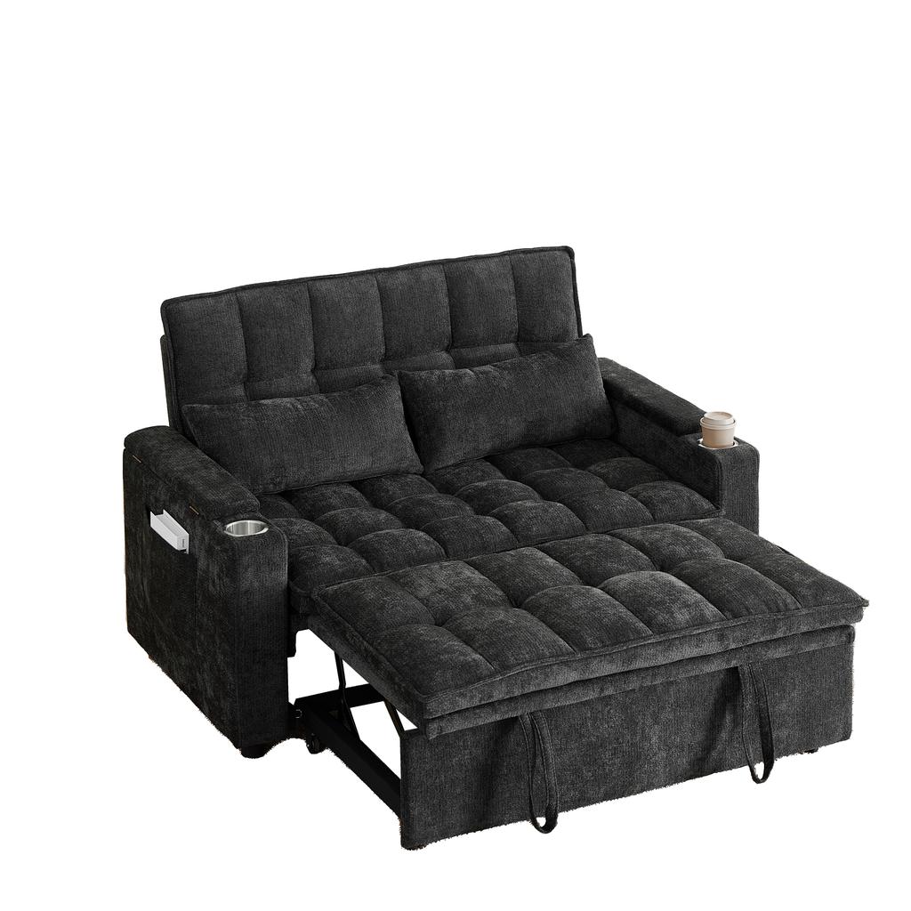 A 142 cm wide 3-in-1 sofa bed with reclining function, seat and back cushions soft as clouds, two lumbar cushions, a shelf and a cup holder