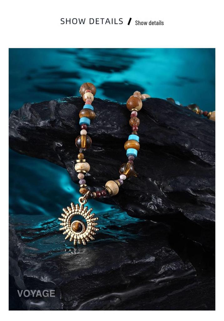 Ethnic Style Vintage Gold Necklace with Beaded Sun Pendant and Tiger Eye Stone