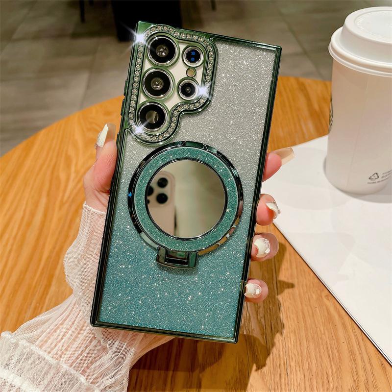 Applicable to Samsung S26Ultra mobile phone case, rhinestone glitter powder, magnetic mirror bracket S25 anti-drop soft case A56