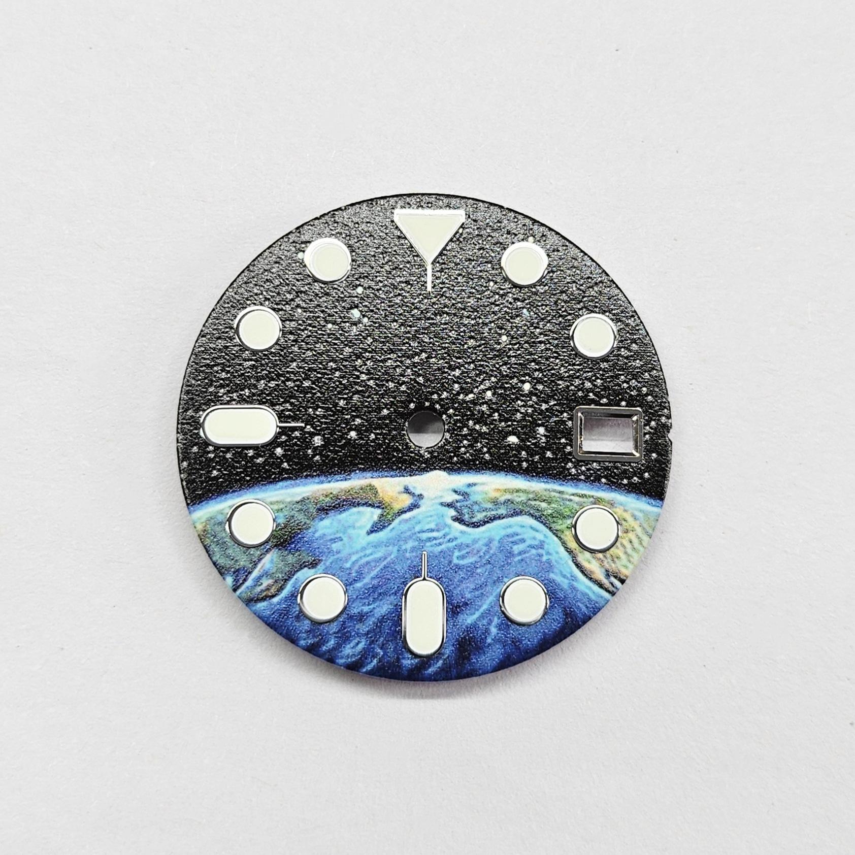 

28.5MM Watch Dial + Hands for NH35/NH36 Movement Starry Earth Green Luminous Watch Colourful Dial Watch Face Head Repair Tool