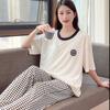 Short-sleeved long pants pajamas women's summer cartoon cute can be worn outside plaid loungewear imitation cotton suit summer thin