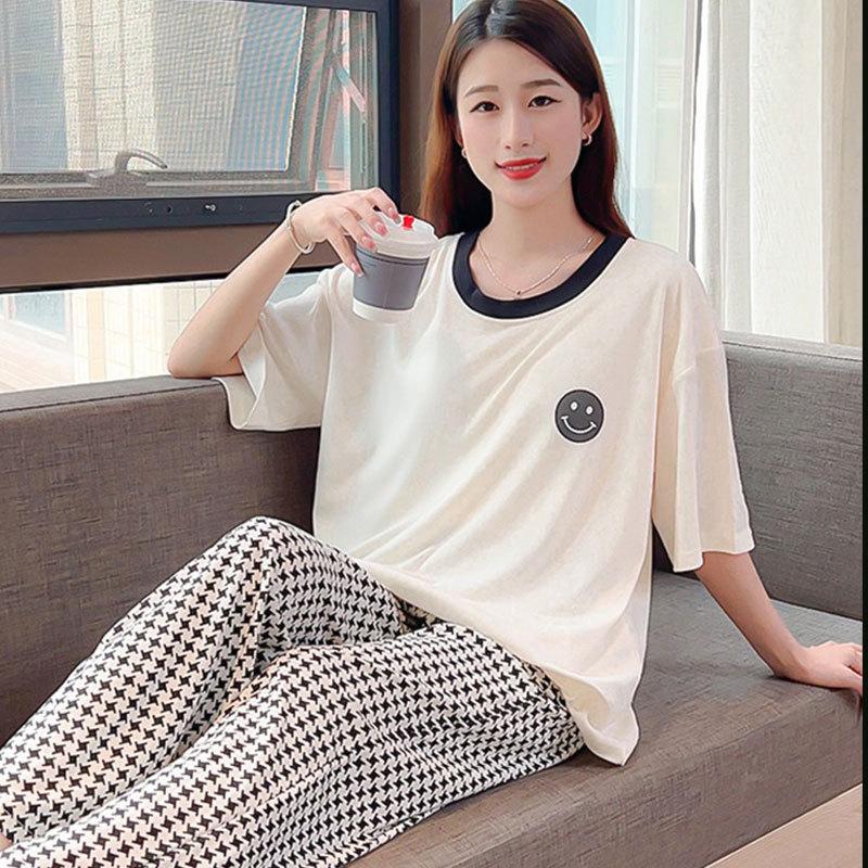 Short-sleeved long pants pajamas women's summer cartoon cute can be worn outside plaid loungewear imitation cotton suit summer thin