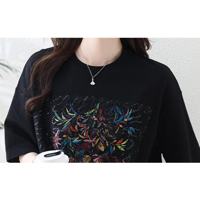 Dimanaf 2025 Summer Plus Size Tops Cotton O-Neck T-Shirt Printing Women Short Sleeve Loose Tees