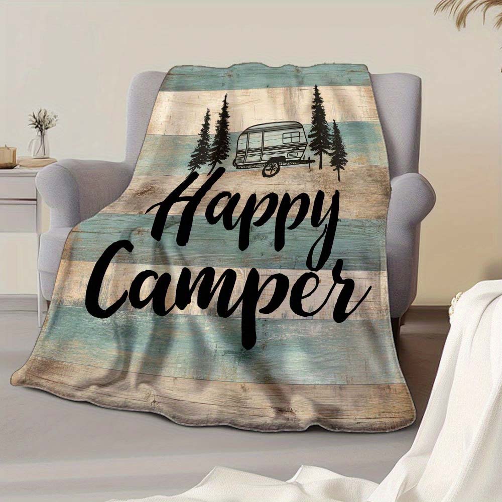 1pc Rustic Happy Camper Wood Grain Pattern Flannel Blanket for Camping Home Decor
