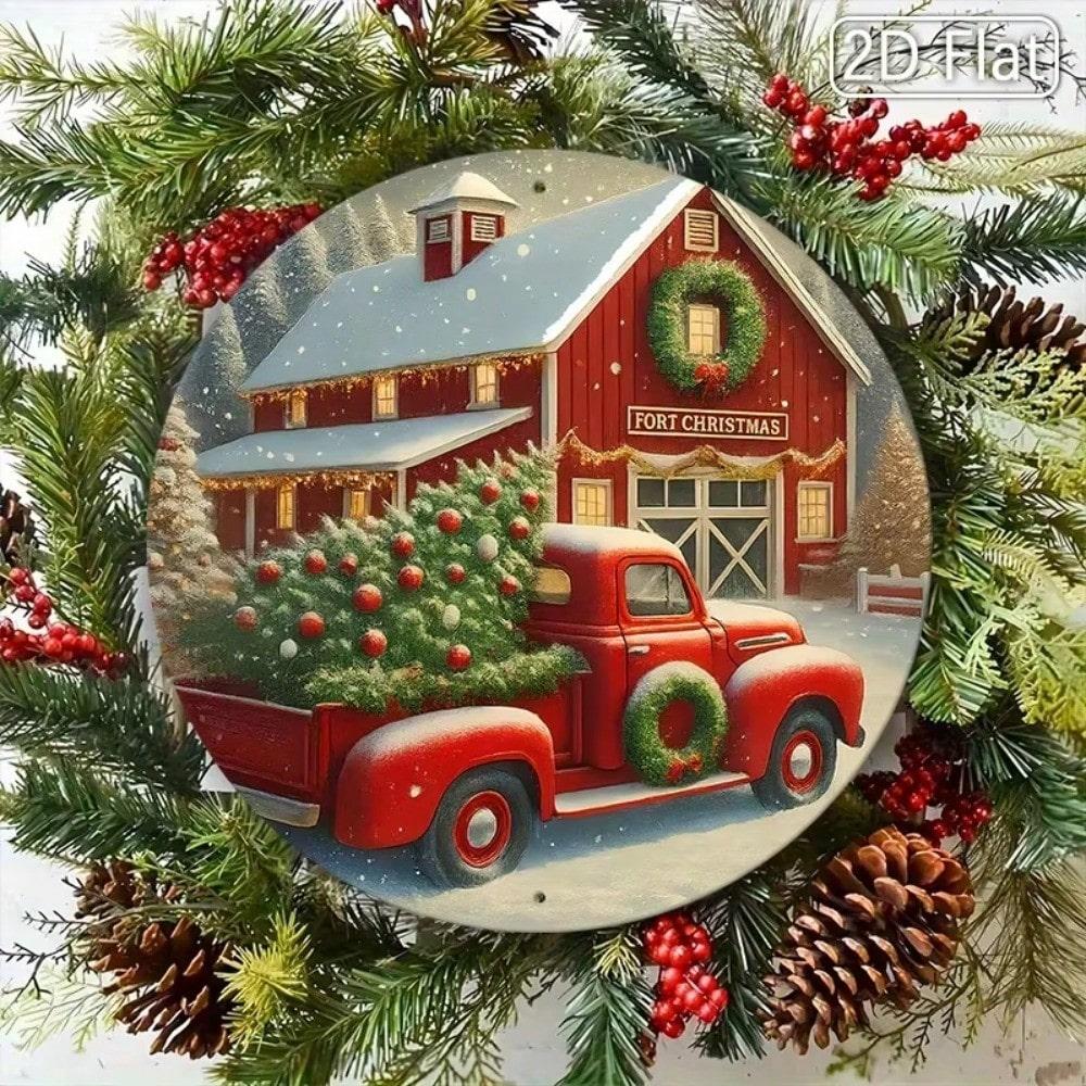 Runde Blechwandkunst, Flaches Weihnachtsornament für moderne Wohnzimmerdekoration