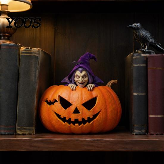 Halloween Desktop Decor Resin Pumpkin Witch Figurine, Spooky Bat Detailed Tabletop Decor, Stable Hand Carved Base Mini Statue for Window Showcase Home