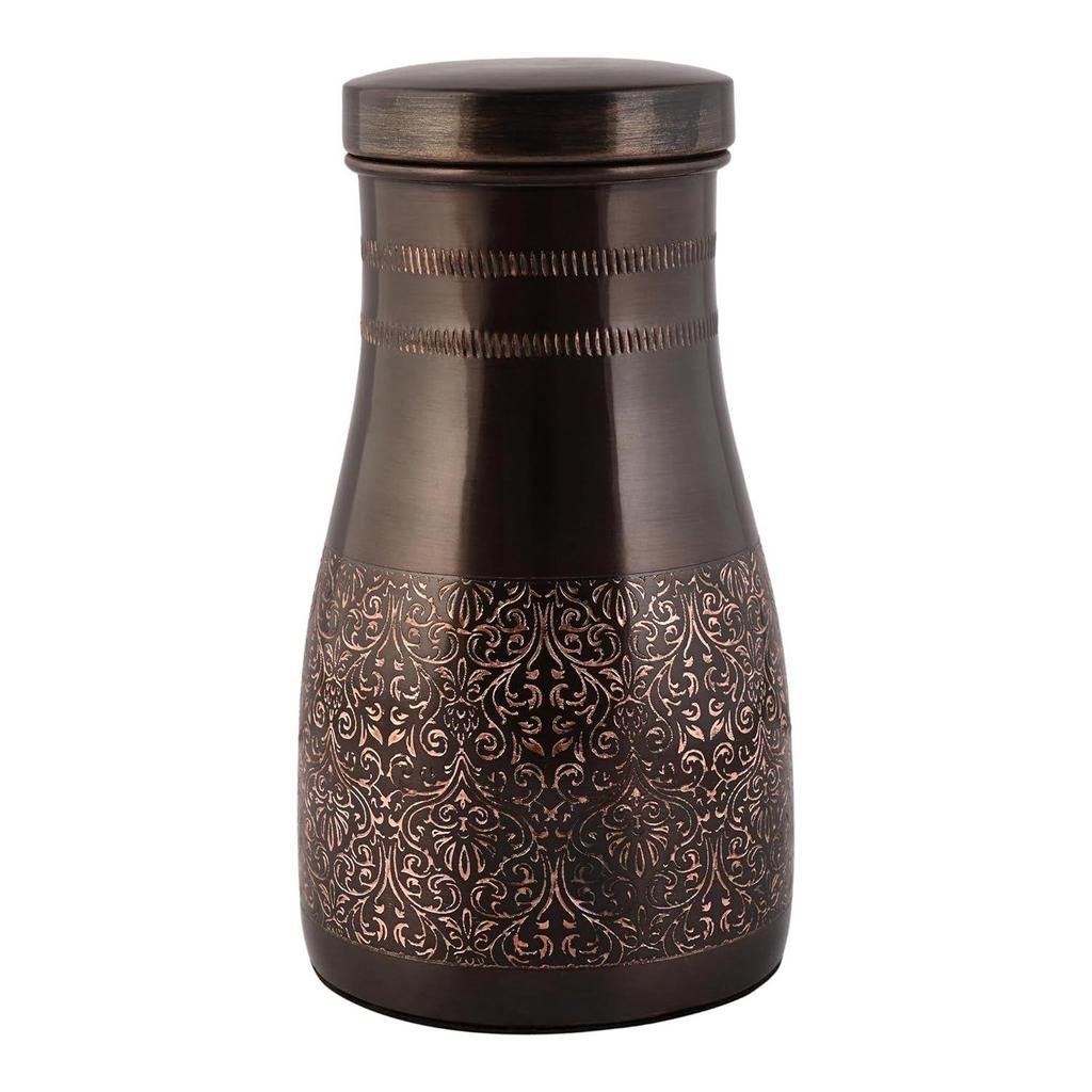 Copper Bedroom Jar with Inbuilt Glass | Rarity Carving Design | Handcrafted, Leakproof, Jointless | Ayurvedic Benefits, Antioxidant Properties |